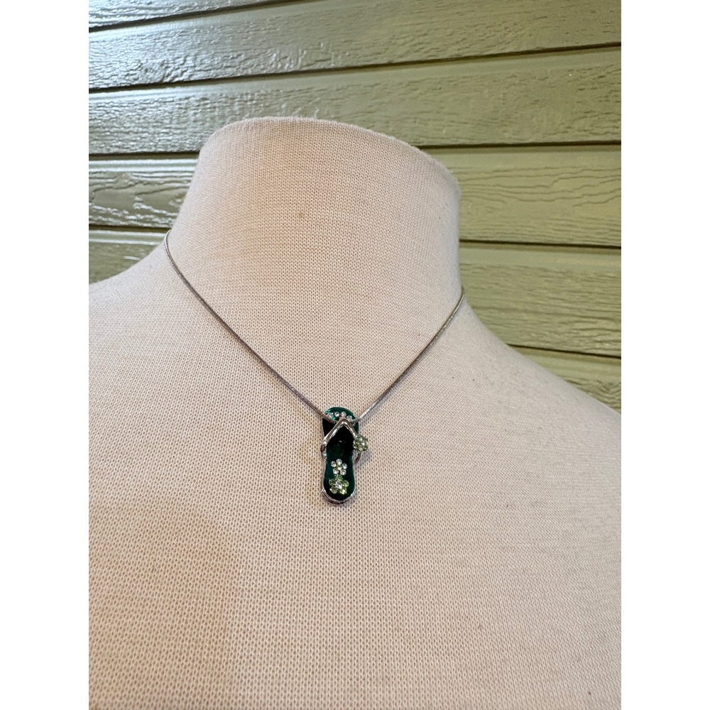 Green Enamel Flip Flop Rhinestone Flower Necklace Silver Tone Snake Chain